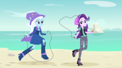 Size: 3999x2249 | Tagged: safe, artist:metalhead97, starlight glimmer, trixie, equestria girls, g4, beach, beanie, boots, cape, clothes, cute, diatrixes, dress, duo, duo female, fall formal outfits, female, friendship, fun, glimmerbetes, hat, high heel boots, high res, jump rope, jumping, looking at each other, mountain, race, rock, sand, shoes, show accurate, skipping rope, smiling, trixie's cape, trixie's hat