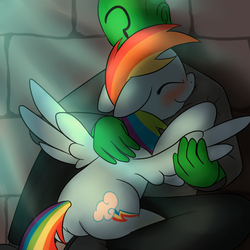 Size: 800x800 | Tagged: safe, artist:datte-before-dawn, edit, edited edit, rainbow dash, oc, oc:anon, human, pegasus, pony, g4, backwards cutie mark, blushing, duo, explicit source, eyes closed, featureless crotch, female, floppy ears, happy, hug, interspecies, mare, sfw edit, smiling, spread wings, wings