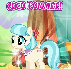 Size: 690x666 | Tagged: safe, gameloft, coco pommel, earth pony, pony, g4, my little pony: magic princess, captain obvious, clothes, cocobetes, cute, english, female, mare, meme, mobile game, solo, text, wow! glimmer