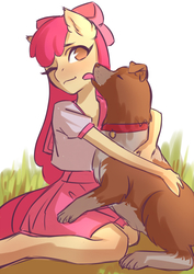 Size: 905x1280 | Tagged: safe, artist:glorious-rarien, apple bloom, winona, dog, earth pony, anthro, unguligrade anthro, g4, bow, clothes, cute, face licking, female, filly, hair bow, hug, kneeling, licking, one eye closed, shirt, skirt, tongue out