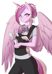 Size: 905x1280 | Tagged: safe, artist:glorious-rarien, princess cadance, princess flurry heart, alicorn, anthro, unguligrade anthro, g4, baby, baby alicorn, baby bottle, baby carrier, clothes, female, filly, foal, iphone, large wings, looking at you, looking back, looking back at you, mama cadence, mare, milk, mother and daughter, simple background, white background, wings