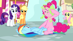 Size: 1280x720 | Tagged: safe, screencap, applejack, fluttershy, pinkie pie, rainbow dash, rarity, g4, pinkie pride, cake, cute, food, food on face, out of context, sitting on person, sitting on pony, splat