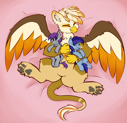 Size: 2155x2082 | Tagged: safe, artist:graphene, oc, oc only, oc:blue bat, oc:corpsly, oc:ember burd, bat pony, griffon, sphinx, bat pony oc, colored wings, cute, eared griffon, gradient wings, griffon oc, high res, multicolored wings, ocbetes, on back, paw pads, paws, plushie, smiling, sphinx oc, spread wings, underpaw, wings
