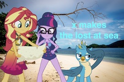 Size: 2048x1362 | Tagged: safe, editor:php77, gallus, sci-twi, sunset shimmer, twilight sparkle, griffon, equestria girls, g4, belly button, clothes, equestria girls in real life, irl, photo, ponies in real life, sarong, swimsuit