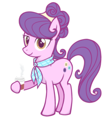 Size: 845x934 | Tagged: safe, artist:zharkaer, derpibooru exclusive, suri polomare, earth pony, pony, villains of equestria collab, g4, coffee, female, hoof hold, lidded eyes, mare, simple background, smiling, solo, steam, transparent background