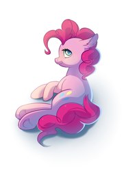Size: 1200x1629 | Tagged: safe, artist:ghst-qn, pinkie pie, earth pony, pony, g4, female, looking at you, looking back, looking back at you, lying, mare, simple background, smiling, solo, white background