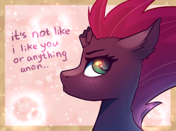 Size: 1331x990 | Tagged: safe, artist:ghst-qn, fizzlepop berrytwist, tempest shadow, pony, g4, my little pony: the movie, blushing, broken horn, female, horn, implied anon, mare, solo, tsundere, tsundere shadow