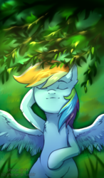 Size: 1200x2057 | Tagged: safe, artist:ghst-qn, rainbow dash, pegasus, pony, g4, female, grass, lying in grass, mare, on back, sleeping, solo, spread wings, wings