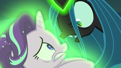 Size: 1280x720 | Tagged: safe, screencap, queen chrysalis, starlight glimmer, changeling, changeling queen, pony, unicorn, g4, to where and back again, angry, female, glowing horn, green magic, horn, magic, magic aura, open mouth, scared