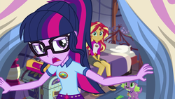 Size: 1280x720 | Tagged: safe, screencap, sci-twi, spike, spike the regular dog, sunset shimmer, twilight sparkle, dog, equestria girls, g4, my little pony equestria girls: legend of everfree, bed, camp everfree outfits, collar, context is for the weak, flower, glasses, hat, lantern, pillow, rug, sad, sheet, tent