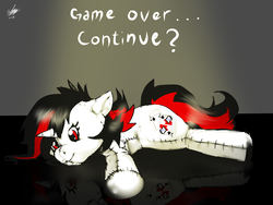 Size: 1600x1200 | Tagged: safe, artist:brainiac, oc, oc only, oc:blackjack, pony, unicorn, fallout equestria, fallout equestria: project horizons, fanfic, fanfic art, female, game over, hooves, horn, mare, plushie, solo, text