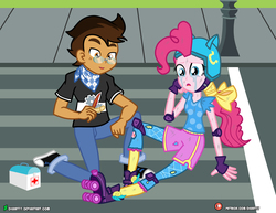 Size: 4000x3090 | Tagged: safe, artist:dieart77, pinkie pie, oc, oc:copper plume, equestria girls, g4, my little pony equestria girls: friendship games, bandaid, bleeding, blood, canon x oc, clothes, commissioner:imperfectxiii, converse, copperpie, crying, elbow pads, fingerless gloves, first aid kit, freckles, glasses, gloves, helmet, knee pads, neckerchief, pants, roller skates, shirt, shoes, sidewalk, sneakers, street, torn clothes
