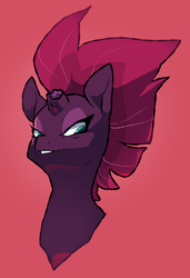 Size: 1470x2148 | Tagged: safe, artist:kilo, tempest shadow, pony, unicorn, g4, my little pony: the movie, broken horn, bust, eye scar, female, horn, lidded eyes, red background, scar, simple background, smiling, smirk, solo
