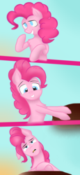 Size: 2200x4800 | Tagged: safe, artist:alltheworldbronyf, pinkie pie, earth pony, pony, comic:where is the cake?, g4, comic, female, light, looking at you, shadow, sky, smiling, solo