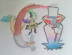 Size: 3120x2417 | Tagged: safe, artist:prinrue, discord, g4, bill cipher, clothes, count bleck, crossover, gloves, gravity falls, hat, high res, male, super paper mario, traditional art
