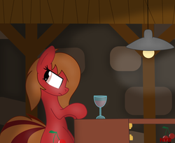 Size: 4794x3936 | Tagged: safe, artist:notyobizz, oc, oc only, oc:cherry spirit, earth pony, pony, female, glass, sitting, solo, wine glass