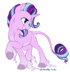 Size: 3117x3205 | Tagged: safe, artist:alouette-lulu, starlight glimmer, classical unicorn, pony, unicorn, g4, female, grin, high res, horn, leonine tail, mare, missing cutie mark, raised hoof, simple background, smiling, solo, transparent background, unshorn fetlocks