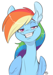 Size: 2120x2996 | Tagged: dead source, safe, artist:kez, rainbow dash, pegasus, pony, g4, ear fluff, faic, female, grin, high res, lidded eyes, looking at you, mare, simple background, smiling, smug, smugdash, solo, transparent background