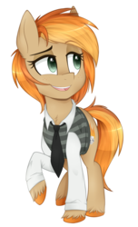 Size: 668x1100 | Tagged: safe, artist:higglytownhero, oc, oc only, oc:parlay, pony, clothes, cloven hooves, female, necktie, open mouth, raised hoof, simple background, solo, transparent background, unshorn fetlocks, vest