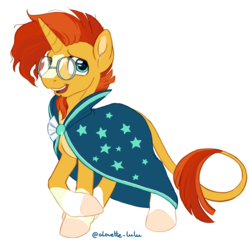 Size: 3688x3557 | Tagged: safe, artist:alouette-lulu, sunburst, pony, unicorn, g4, beard, cloak, clothes, crossed legs, facial hair, glasses, high res, horn, leonine tail, male, simple background, smiling, solo, stallion, transparent background