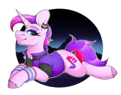 Size: 2533x1991 | Tagged: safe, artist:black-magic101, oc, oc only, oc:synthwave, pony, clothes, ear piercing, earring, female, glowstick, hooves together, jacket, jewelry, looking at you, lying down, mare, piercing, simple background, smiling, synthwave, transparent background, unshorn fetlocks