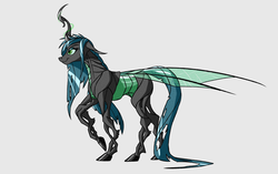 Size: 4272x2680 | Tagged: dead source, safe, artist:akweer, queen chrysalis, changeling, changeling queen, g4, female, floppy ears, raised hoof, simple background, smiling, solo