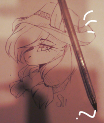 Size: 2591x3063 | Tagged: safe, artist:sileentdo, applejack, earth pony, pony, g4, alternate hairstyle, applejack's hat, cowboy hat, female, hair over one eye, hat, high res, mare, monochrome, pen, pigtails, solo, traditional art