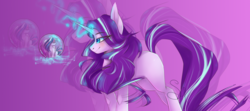 Size: 2253x1000 | Tagged: safe, artist:sileentdo, starlight glimmer, twilight sparkle, alicorn, pony, unicorn, g4, abstract background, blushing, bubble, duo, female, glowing horn, horn, looking at each other, magic, mare, micro, missing cutie mark, one wing out, sitting, smiling, telekinesis, twilight sparkle (alicorn), twilight sparkle is not amused, unamused, zoom layer