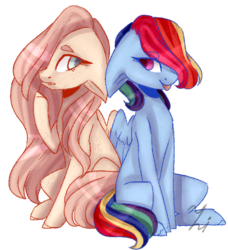Size: 568x622 | Tagged: safe, artist:sileentdo, fluttershy, rainbow dash, pegasus, pony, g4, duo, female, hair over one eye, looking at each other, looking sideways, mare, raised hoof, simple background, sitting, tongue out, transparent background