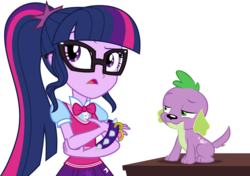 Size: 4894x3448 | Tagged: safe, artist:aqua-pony, artist:red4567, edit, editor:slayerbvc, vector edit, sci-twi, spike, spike the regular dog, twilight sparkle, dog, equestria girls, equestria girls specials, g4, my little pony equestria girls: better together, my little pony equestria girls: forgotten friendship, accessory-less edit, bowtie, collar, glasses, looking away, ponytail, simple background, spike's dog collar, transparent background, vector