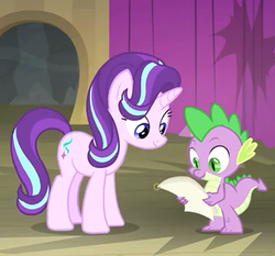 Size: 1062x990 | Tagged: safe, screencap, spike, starlight glimmer, g4, horse play, cropped, duo, reading, script