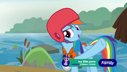 Size: 1280x720 | Tagged: safe, screencap, rainbow dash, g4, non-compete clause, cattails, discovery family logo, helmet, moss, reeds, river, rock, tree, water