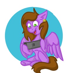 Size: 1200x1200 | Tagged: artist needed, safe, oc, oc only, oc:lilac sciath, pegasus, pony, abstract background, cute, doodle, ear piercing, earring, female, happy, jewelry, mare, nintendo, nintendo switch, piercing, playing, smiling, solo, tongue out, video game