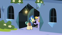 Size: 1280x720 | Tagged: safe, screencap, amber waves, proper postal, crystal pony, pony, g4, the parent map, bush, butt, door, envelope, flower, hat, lamp, mail, mailpony, male, plot, stallion