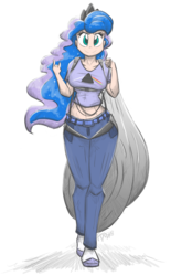 Size: 1200x1940 | Tagged: safe, artist:flutterthrash, princess luna, human, g4, band shirt, belly button, breasts, clothes, devil horn (gesture), female, gesture, harness, hipgnosis, humanized, jeans, looking at you, midriff, over shoulder, pants, parachute, pink floyd, shirt, simple background, smiling, solo, t-shirt, the dark side of the moon, walking towards you