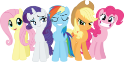 Size: 2980x1500 | Tagged: safe, artist:phucknuckl, artist:stabzor, applejack, fluttershy, pinkie pie, rainbow dash, rarity, earth pony, pegasus, pony, unicorn, g4, female, grin, mare, remane five, simple background, smiling, transparent background