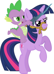 Size: 1500x2040 | Tagged: safe, artist:phucknuckl, spike, twilight sparkle, dragon, pony, a dog and pony show, g4, bridle, dragons riding ponies, female, rearing, riding, simple background, smiling, spike riding twilight, tack, transparent background, weapon
