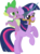 Size: 1500x2040 | Tagged: safe, artist:phucknuckl, spike, twilight sparkle, dragon, pony, a dog and pony show, g4, my little pony: friendship is magic, bridle, dragons riding ponies, female, rearing, riding, simple background, smiling, spike riding twilight, tack, transparent background, weapon