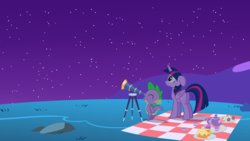 Size: 1920x1080 | Tagged: safe, artist:phucknuckl, spike, twilight sparkle, alicorn, dragon, pony, g4, cake, cup, duo, female, floppy ears, food, looking up, mare, night, picnic blanket, stars, teacup, teapot, telescope, twilight sparkle (alicorn)