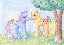 Size: 1024x718 | Tagged: safe, artist:normaleeinsane, applejack (g1), bow tie (g1), g1, apple, apple tree, duo, food, traditional art, tree