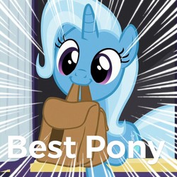 Size: 720x720 | Tagged: safe, edit, edited screencap, screencap, trixie, pony, unicorn, g4, to where and back again, best pony, cropped, cute, diatrixes, female, mouth hold, saddle bag, solo, text, to saddlebags and back again, truth