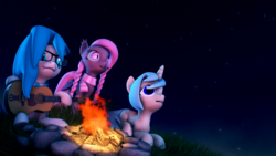 Size: 1920x1080 | Tagged: safe, artist:shadygames, oc, oc:shadygames, oc:wintergleam, oc:xenia amata, bat pony, pony, unicorn, 3d, bat pony oc, campfire, clothes, female, grass, guitar, mare, night, rock, scarf, source filmmaker, stars