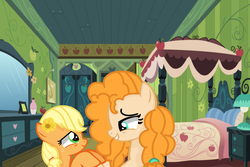 Size: 1352x904 | Tagged: safe, artist:lynnqueenofsports, applejack, pear butter, earth pony, pony, g4, female, filly, flower, flower in hair, freckles, looking at each other, mare, smiling, younger