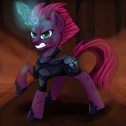 Size: 3445x3445 | Tagged: safe, artist:php97, tempest shadow, pony, g4, broken horn, bruised, crying, eye scar, female, high res, horn, magic, mare, raised hoof, scar, solo, sparking horn
