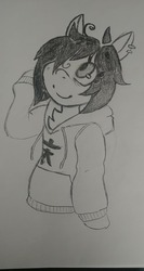 Size: 1363x2560 | Tagged: safe, artist:shpace, oc, oc only, oc:floor bored, bags under eyes, bipedal, clothes, ear piercing, hoodie, messy mane, piercing, smiling, solo, traditional art