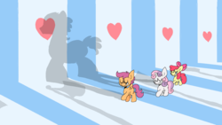 Size: 1280x720 | Tagged: safe, artist:pinkiespresent, apple bloom, scootaloo, sweetie belle, earth pony, pegasus, pony, unicorn, flight to the finish, g4, bow, cutie mark crusaders, eyes closed, female, filly, hair bow, hearts as strong as horses, scene interpretation, smiling