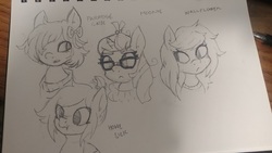 Size: 4160x2340 | Tagged: safe, artist:shpace, moondancer, wallflower blush, oc, oc:home sick, oc:paradise skies, earth pony, pegasus, pony, unicorn, g4, :<, :t, bow, bust, clothes, equestria girls ponified, female, freckles, glasses, mare, messy mane, ponified, scrunchie, scrunchy face, sweater, traditional art, turtleneck