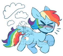 Size: 990x880 | Tagged: safe, artist:pinkiespresent, rainbow dash, pegasus, pony, g4, ><, autism, cloud, eyes closed, female, flying, mare, neurodivergent, neurodivergent headcanon, simple background, solo, stimming, transparent background, watermark