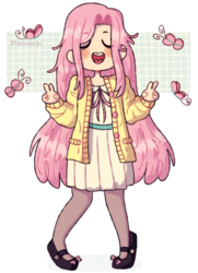 Size: 1400x1931 | Tagged: safe, artist:mochietti, fluttershy, butterfly, human, g4, blushing, clothes, double peace sign, eyes closed, female, humanized, mary janes, open mouth, peace sign, simple background, skirt, socks, solo, stockings, sweater, sweatershy, thigh highs, transparent background