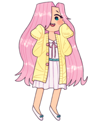 Size: 1975x2468 | Tagged: safe, artist:mochietti, fluttershy, human, g4, blushing, clothes, dress, female, flats, hair over one eye, humanized, open mouth, pink dress, simple background, solo, sundress, sweater, sweatershy, transparent background